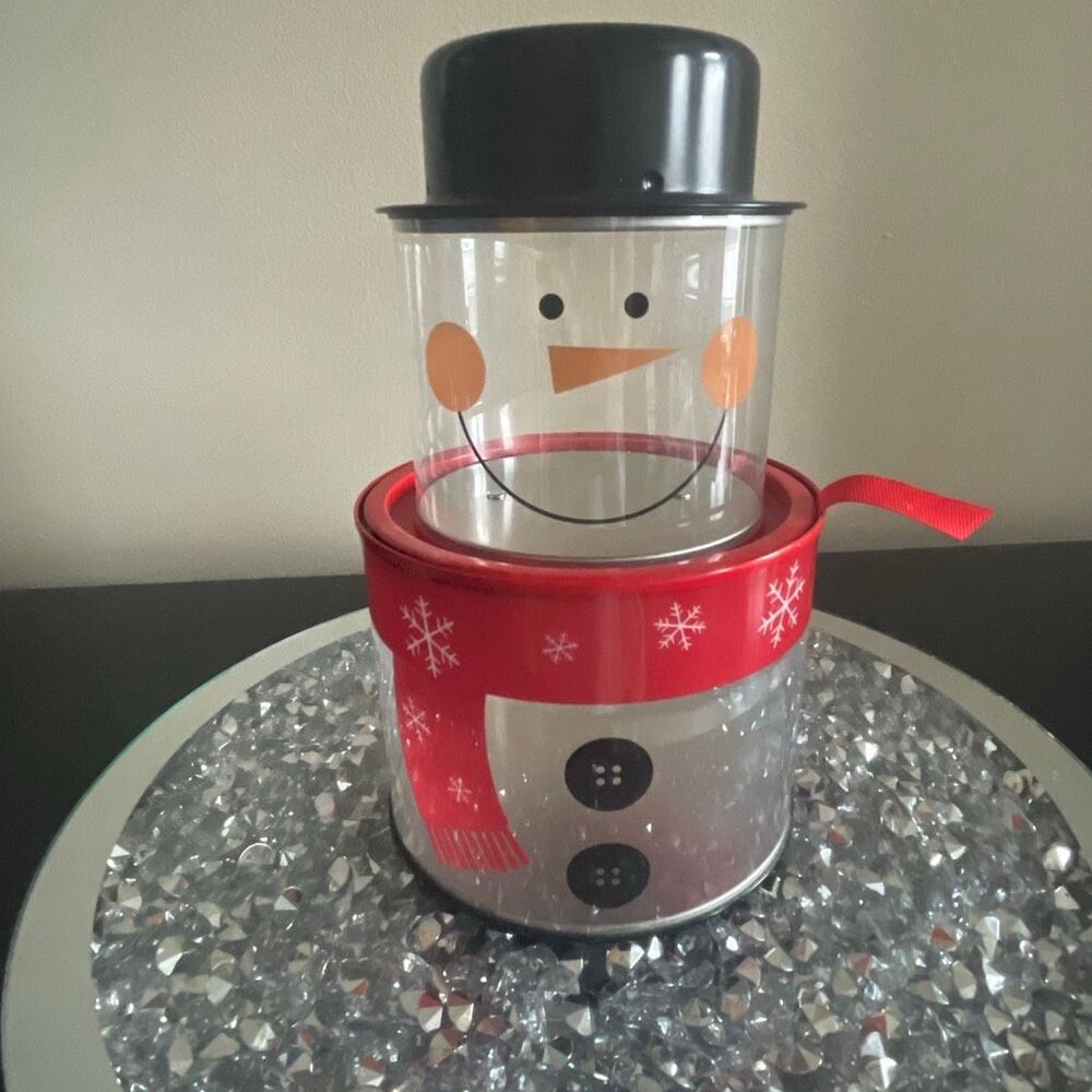 Vintage transparent clear Whimsical 3 Stackable  Holiday Snowman Tin by Crofton
